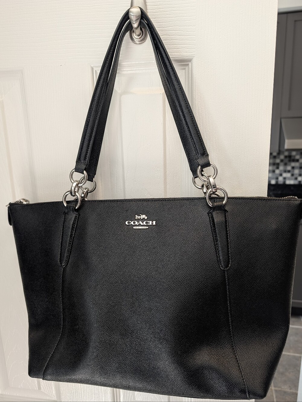 Coach Black Leather Tote Bag with Silver Hardware